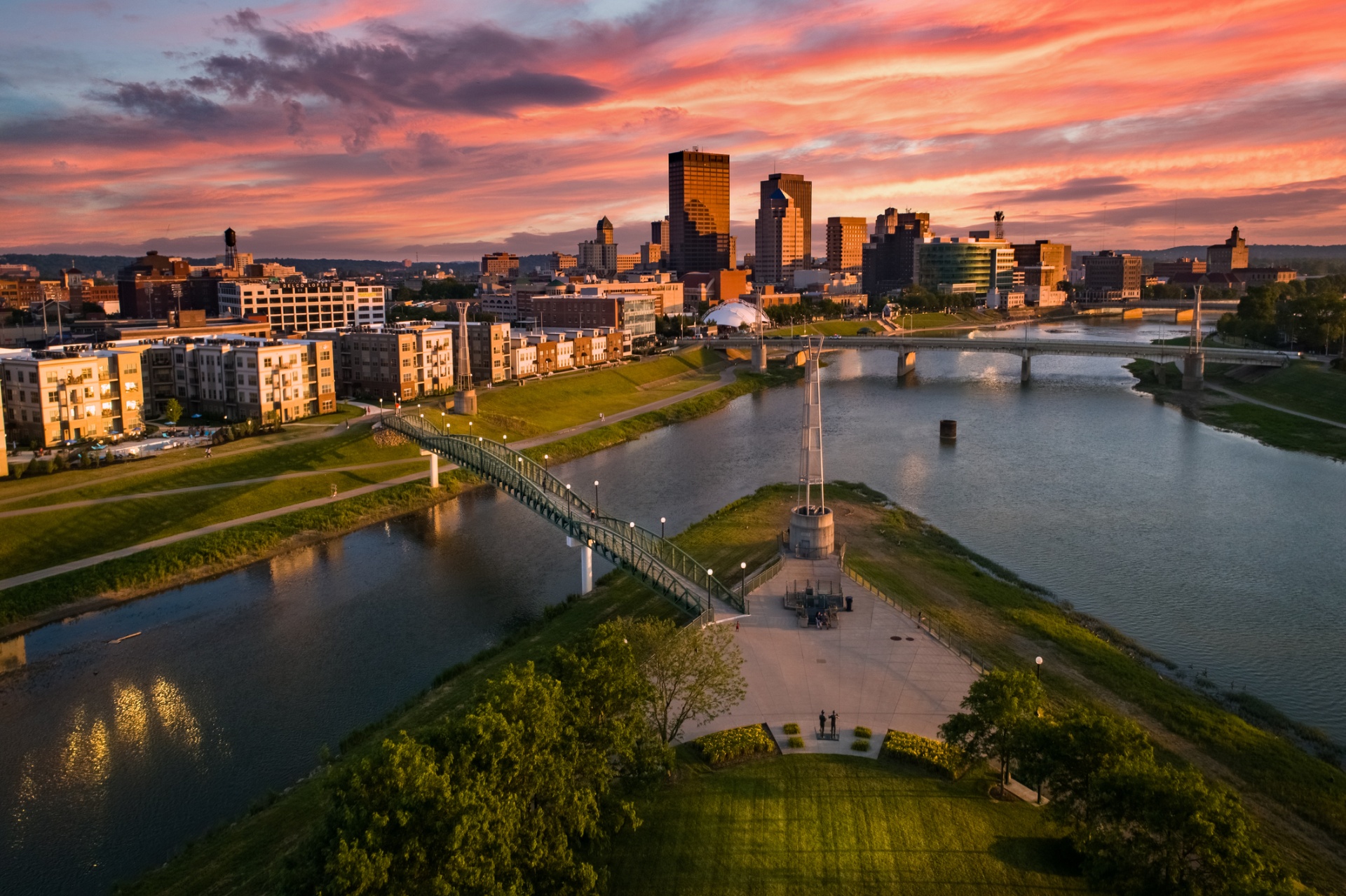 Downtown Dayton skyline at sunset